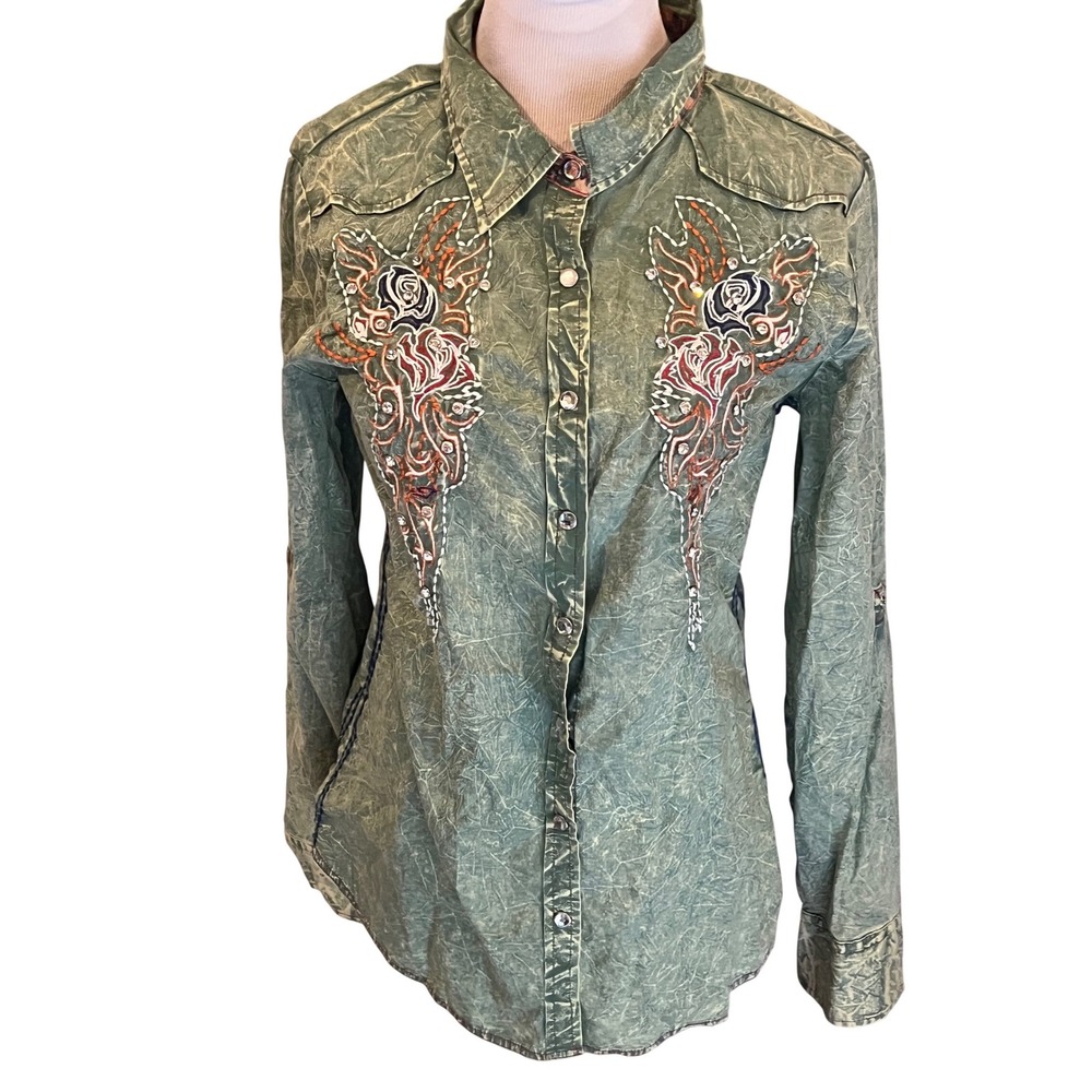 Roar Womens Green Acid Wash Embroidered Rhinestone Western Button Down Shirt L
